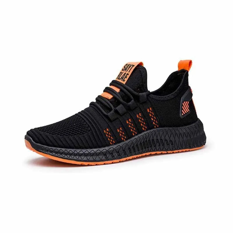 Men's black casual trainers with cross-strap design over striped pattern and Flying Weave fabric upper