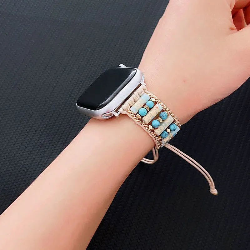 Stone leather rope watch band for Apple Watch in blue, fitting 38mm to 49mm case sizes