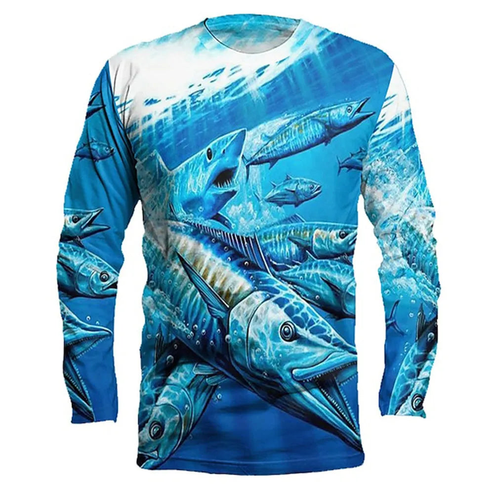 Man wearing a grey pullover with a detailed all-over blue fish print design, round neck, and long sleeves.