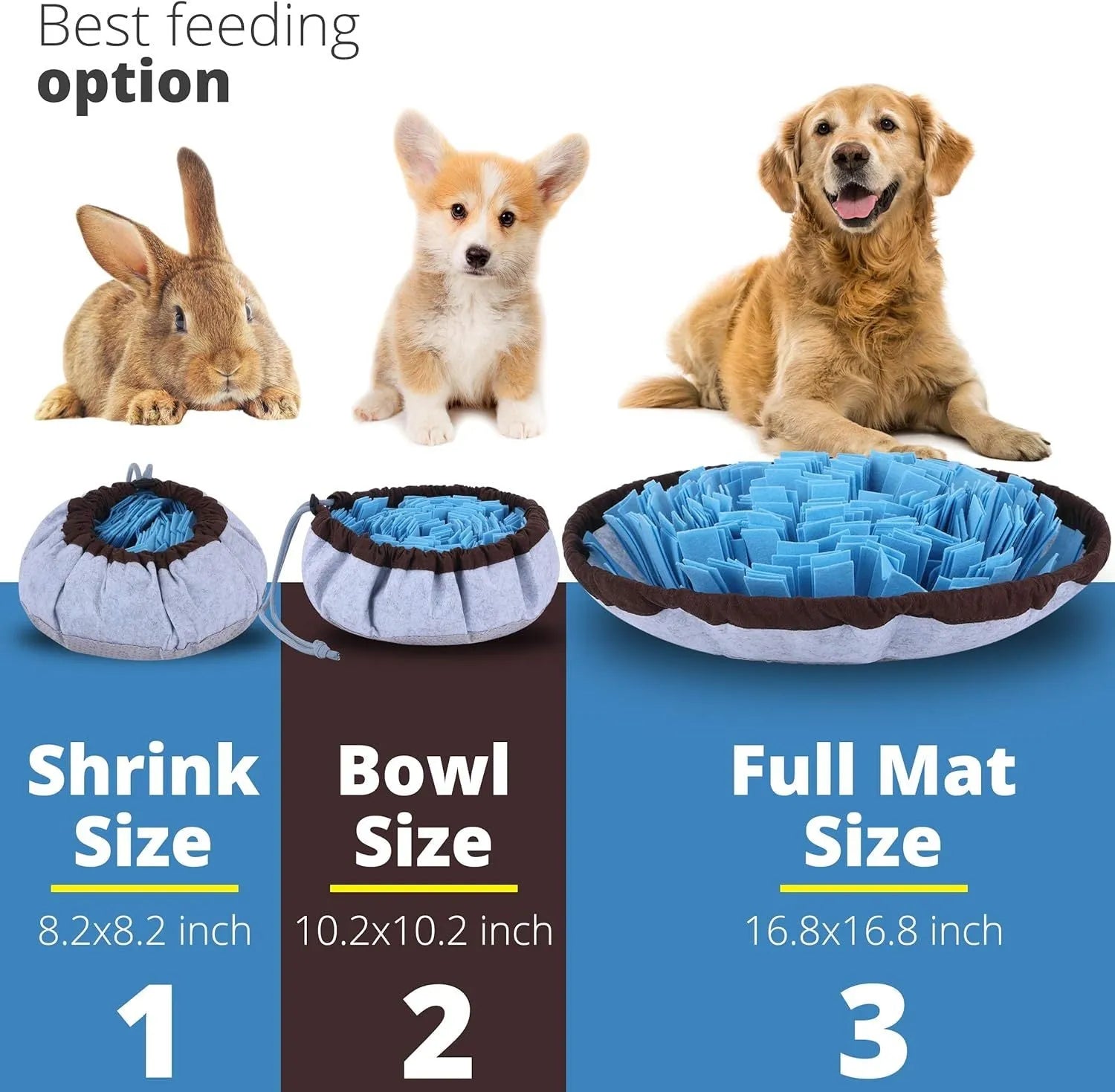 Blue adjustable foldable snuffle mat for dogs showing treat hiding pockets and non-slip backing
