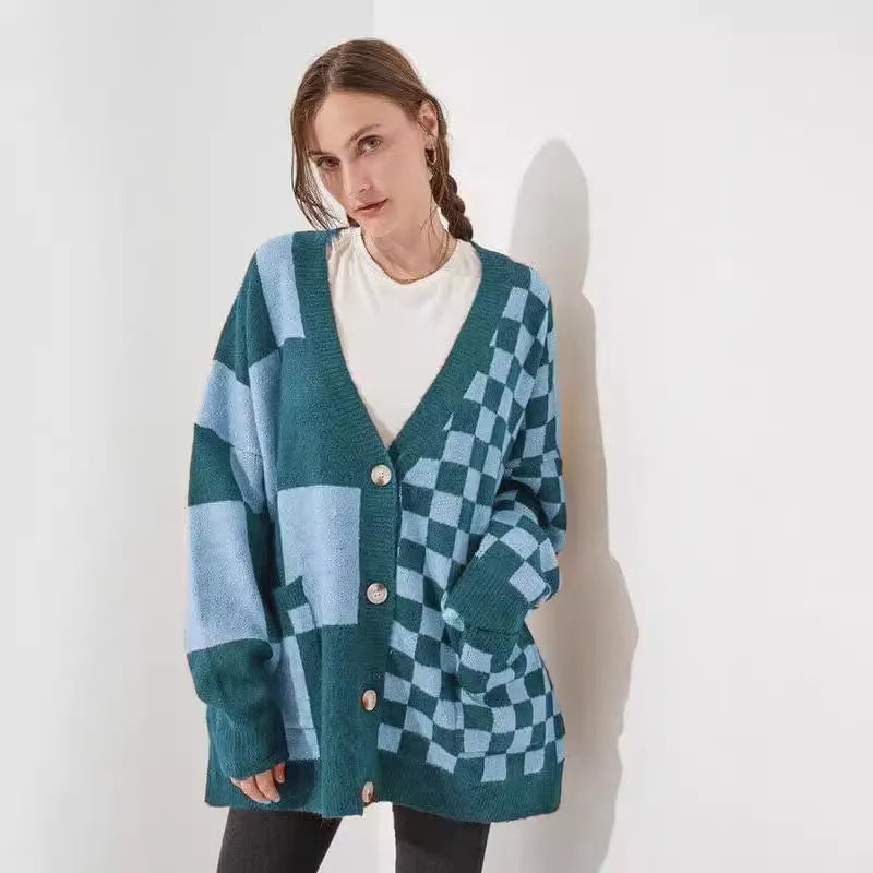 Loose fit cardigan with printed checks pattern in multiple colour options including grey, maroon and peacock blue