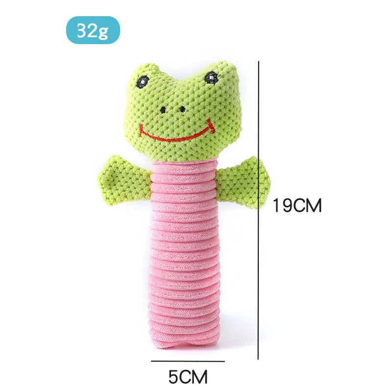 Squeaky stuffed dog chew toy in animal design for dental cleaning and teething relief