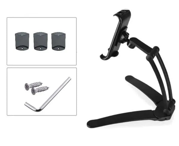 Silver aluminium alloy desktop tablet stand holding a tablet at an adjustable angle with a white mounting base.