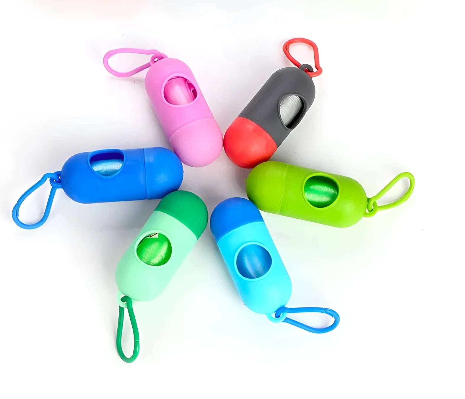 Pack of dog poop bags in six colours black blue green pink purple red sized 22.5x30cm for pet waste