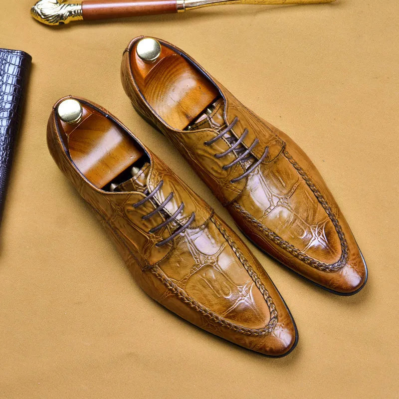 Men's black and brown leather brogues with horse bit buckle, low heel business shoes