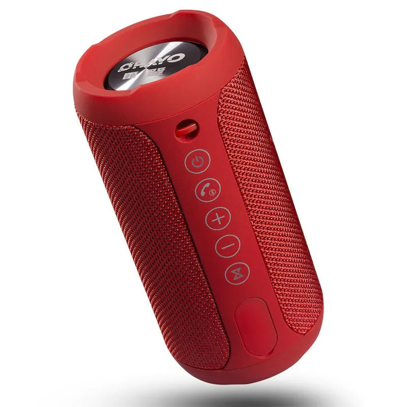 Waterproof outdoor Bluetooth speaker in red colour with control buttons and ports visible.