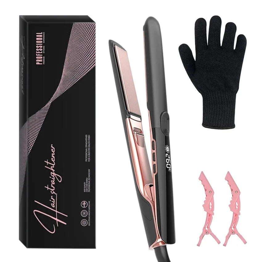 Hair straightener with digital temperature display showing 207℃ and EU plug