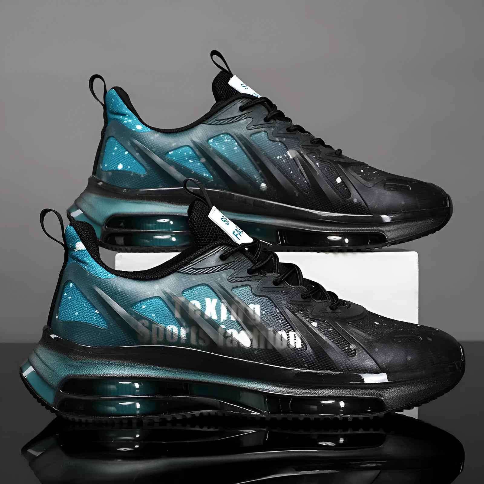 Men's black and green mid-top platform sneakers with mesh upper and rubber sole.