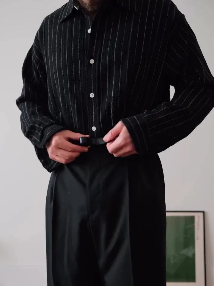 Black pinstripe button-down shirt with regular fit and long sleeves