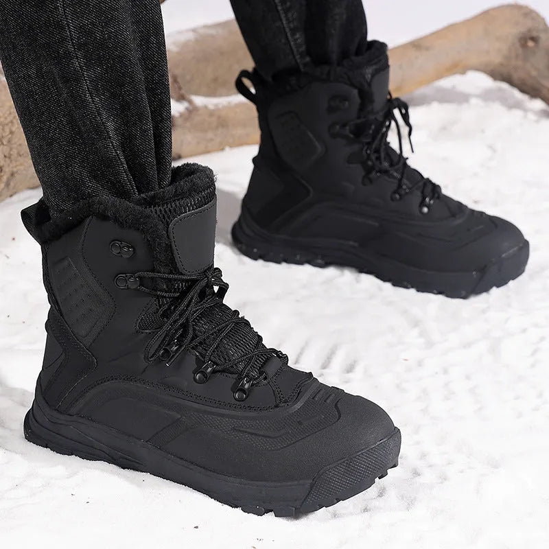 Men's black fleece-lined high-top boots with khaki velvet lining and lace-up front.