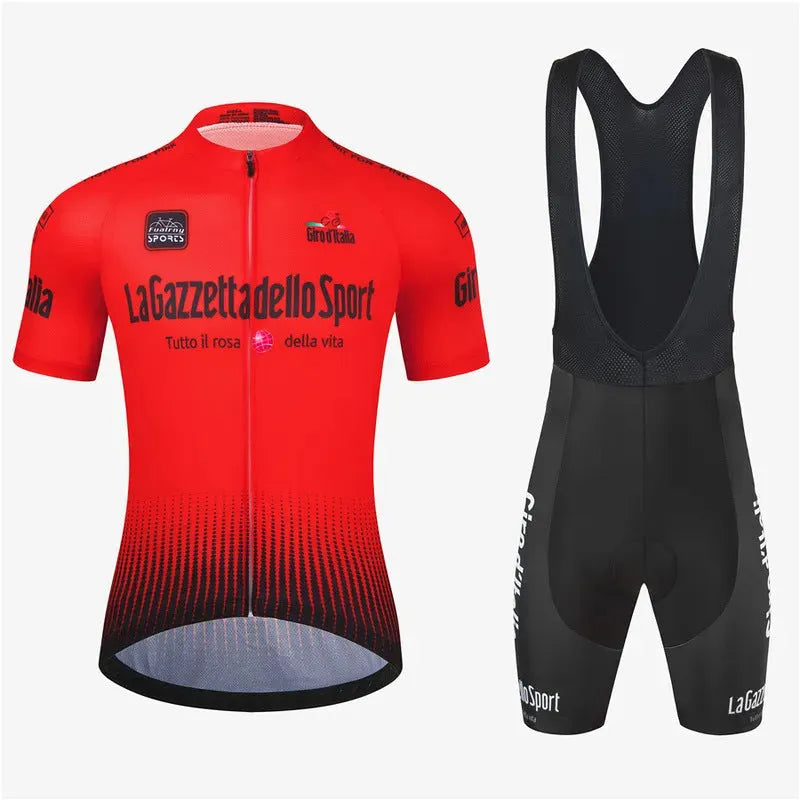 Short sleeve cycling jersey in a colour option, laid flat to show unisex cut and breathable polyester fabric.