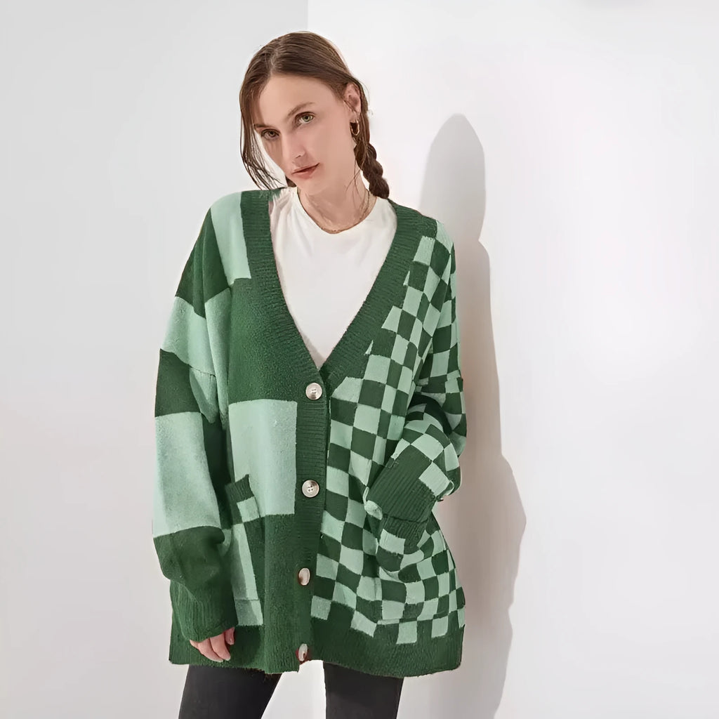 Loose fit cardigan with printed checks pattern in multiple colour options including grey, maroon and peacock blue