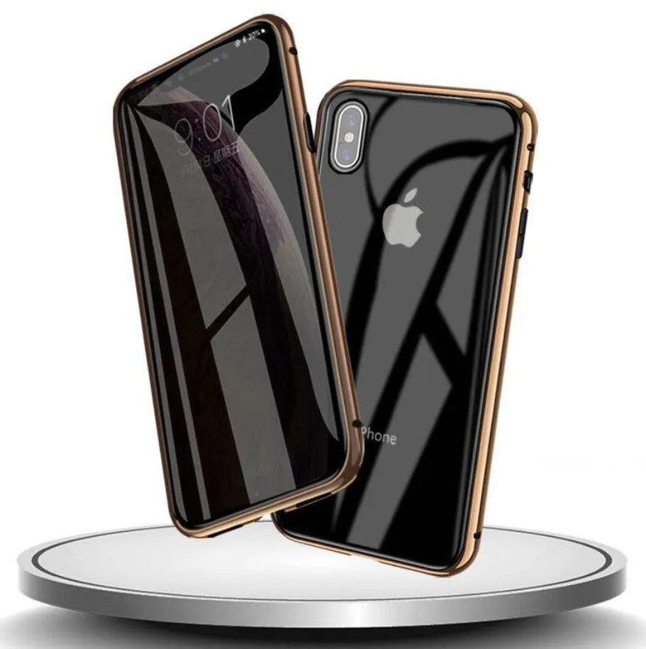 Glass clamshell anti-spy phone case for iPhone in multiple solid colours including black, blue, gold, green, red, and silver