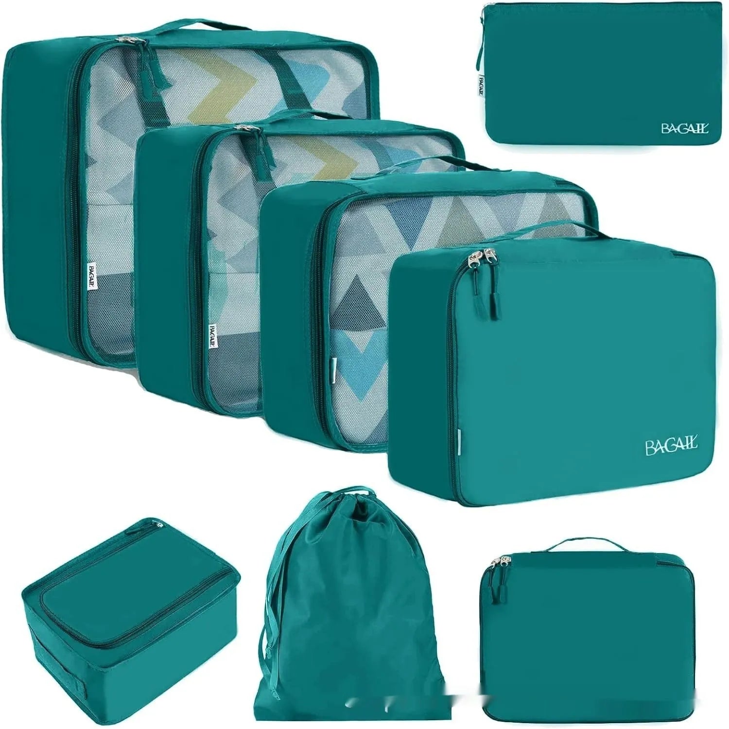 Set of eight PP packing cubes in various colours including beige, black, pink, and leopard print for travel organisation.