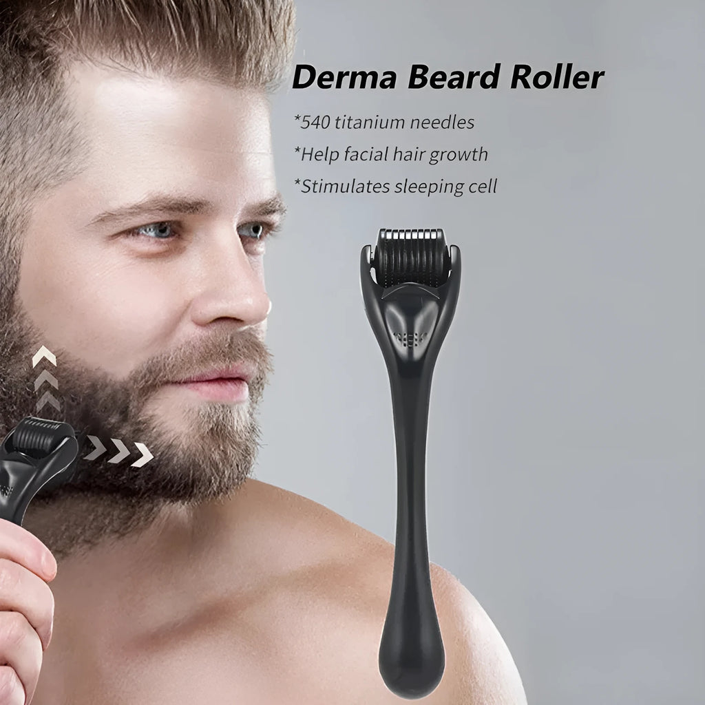 Black and purple derma roller with 540 titanium microneedles, showing needle size options from 0.2mm to 1.0mm.