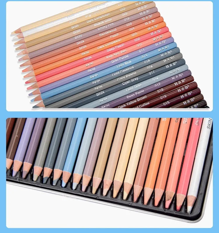 24-colour oil-based skin tone pencils for portrait art in metal tin round brush pot case