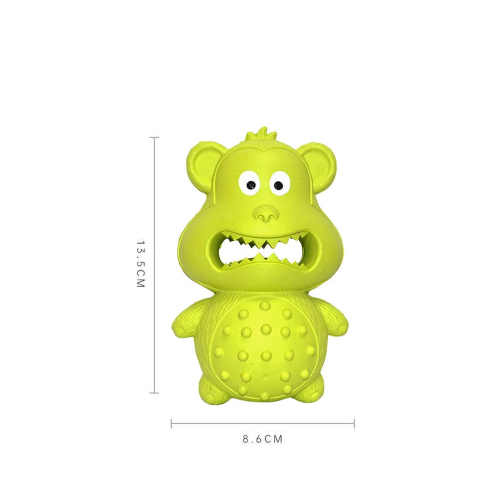Green and yellow natural rubber squeaky dog chew toy for aggressive chewers.