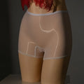Shiny black nylon men's seamless underwear stockings laid flat, showing mid-waist cut.