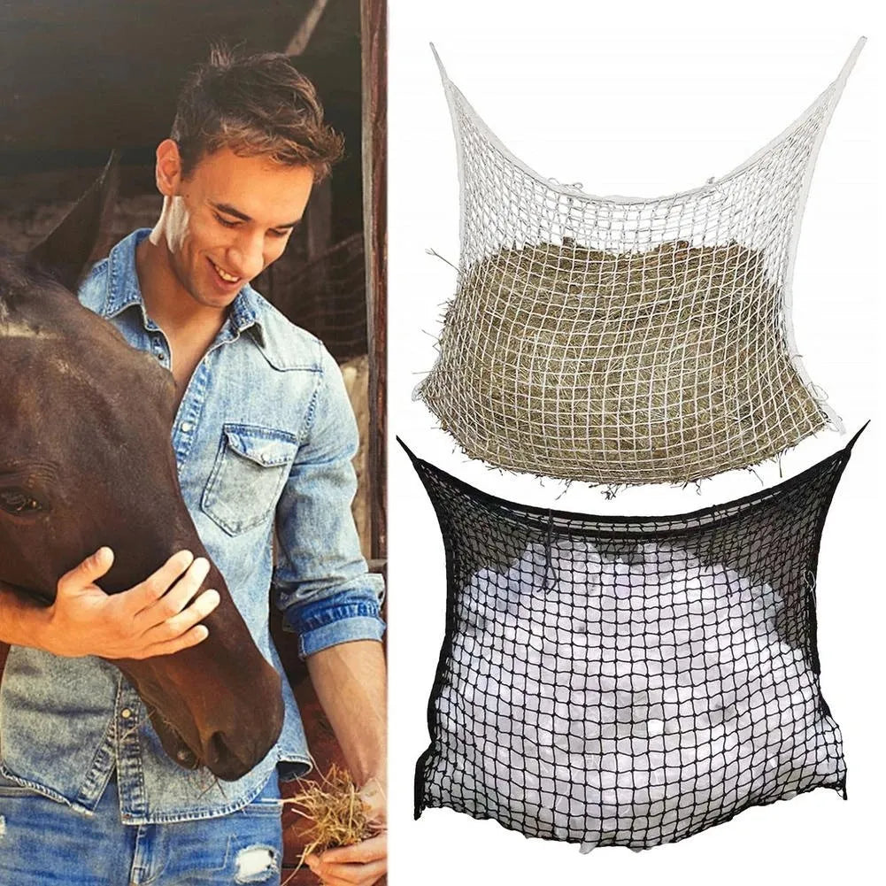 Woven PE rope mesh horse feeding bag hanging with hay inside, black colour shown