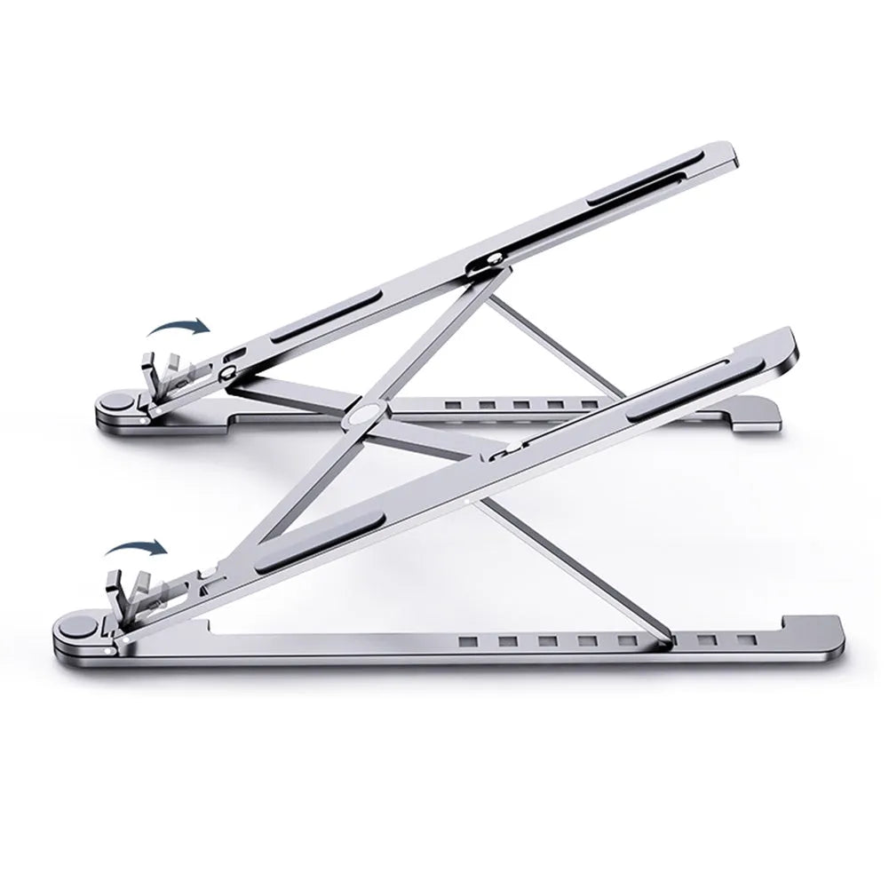 Aluminium laptop stand folded and unfolded showing adjustable height mechanism in silver finish