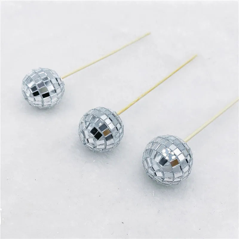 Glass disco ball cake decoration with wooden stick in various sizes from 2.5cm to 5cm