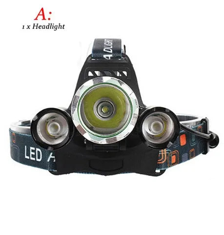 Rechargeable aluminium LED headlamp with adjustable headband and 18650 battery.