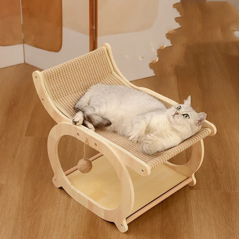 Solid wood cat bed with sisal scratching surface in walnut colour recliner design
