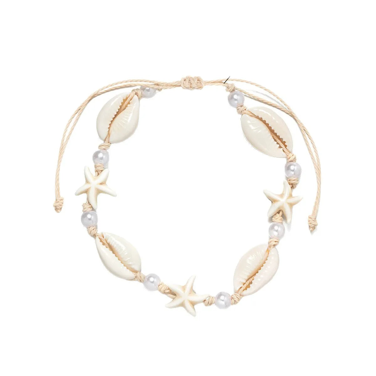 Women's white plastic resin starfish shell pearl anklet on foot with adjustable waterproof wax line