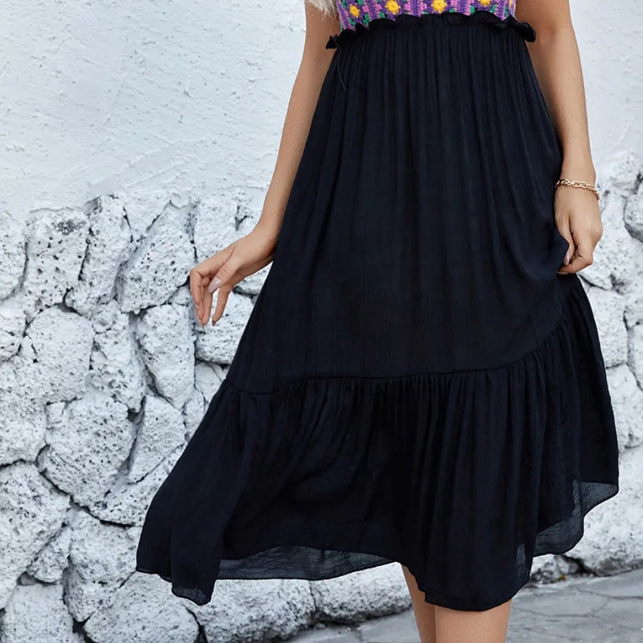 Purple sleeveless dress with hand-hooked floral embroidery on acrylic cotton blend fabric