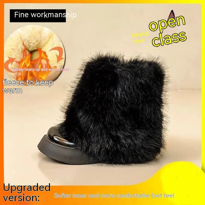 Women's black fleece-lined snow boots with waterproof platform and 3-5cm heel