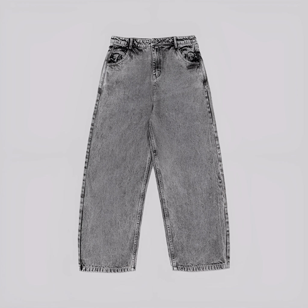 Grey loose straight-leg denim trousers with mid-waist styling on hanger
