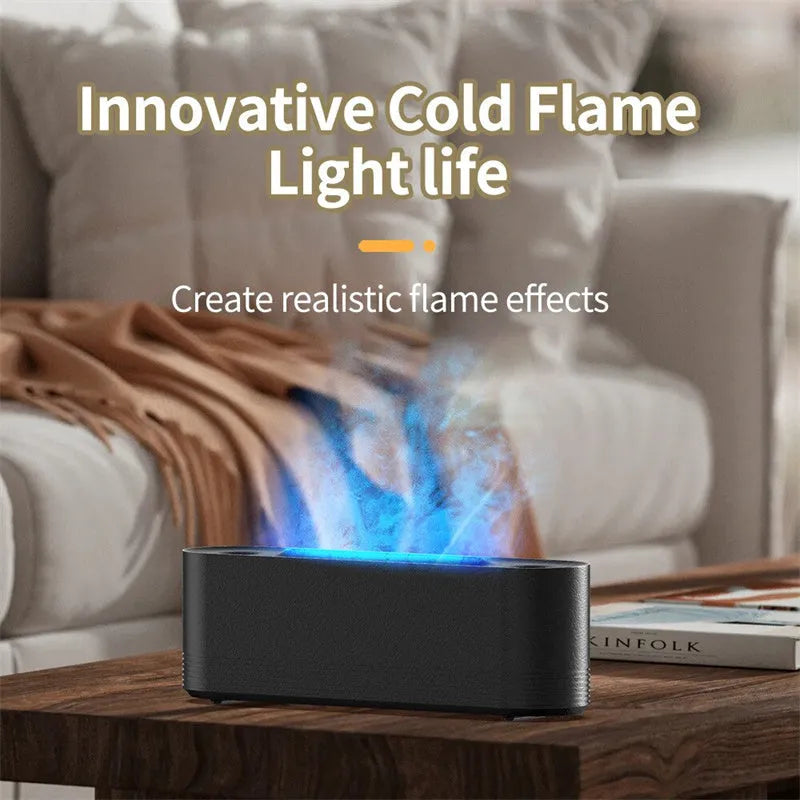 Black Flame Air ultrasonic humidifier with LED lights creating mist and flame effect illumination