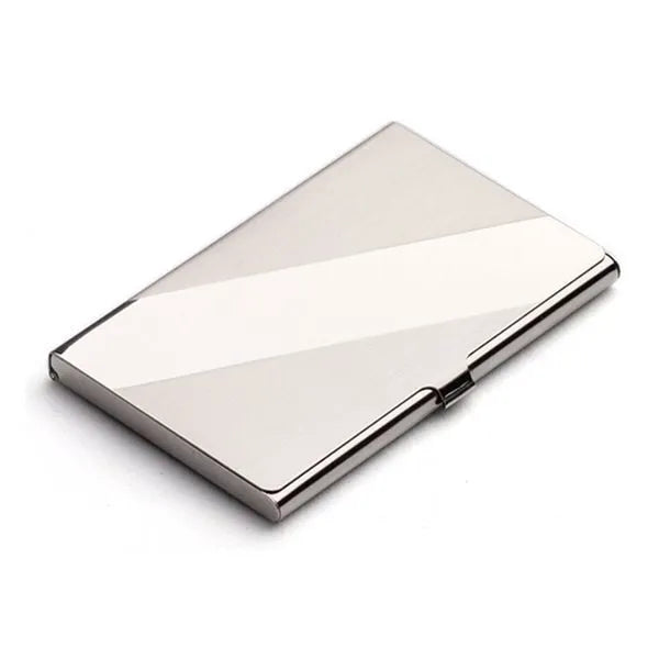 304 stainless steel business card case with geometric laser sculpture, measuring 92.5mm long
