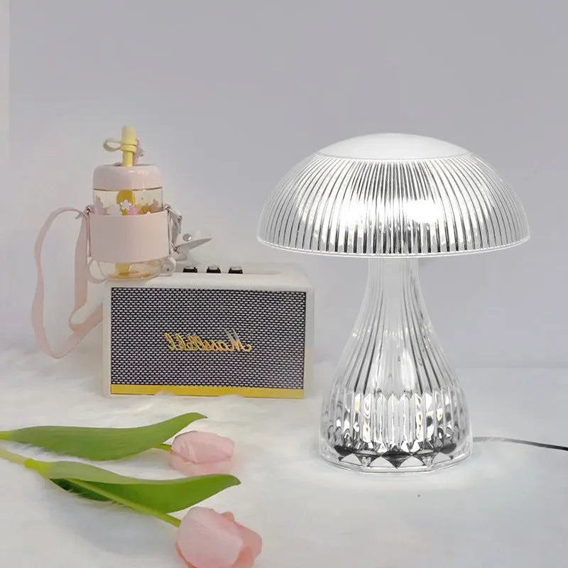 Rechargeable three-colour changing bedside lamp with plastic holder and acrylic body