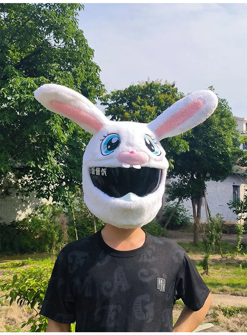 White rabbit head decorative cover for electric motorcycle helmet with long ears and plush PP cotton material