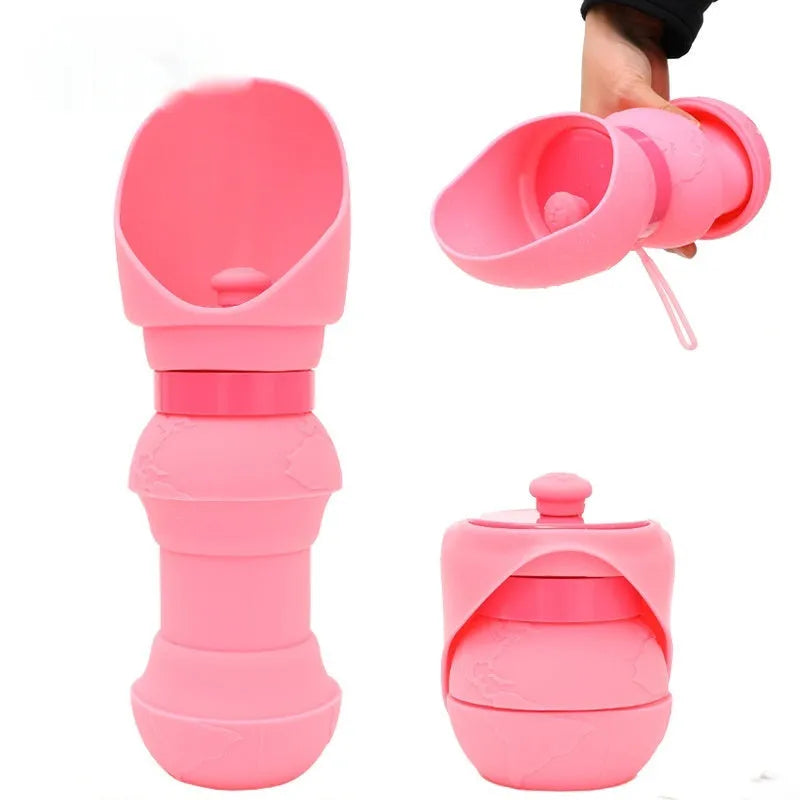 Folded and unfolded silicone pet cup in a choice of colours, showing its portable design.