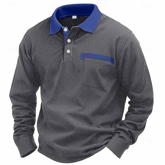 Man modelling a long-sleeved waffle-texture polo shirt in a loose, retro style.