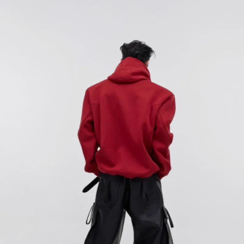 Men's loose hooded sweater with heavy shoulder pads and three-dimensional metal printing in red, black, or grey