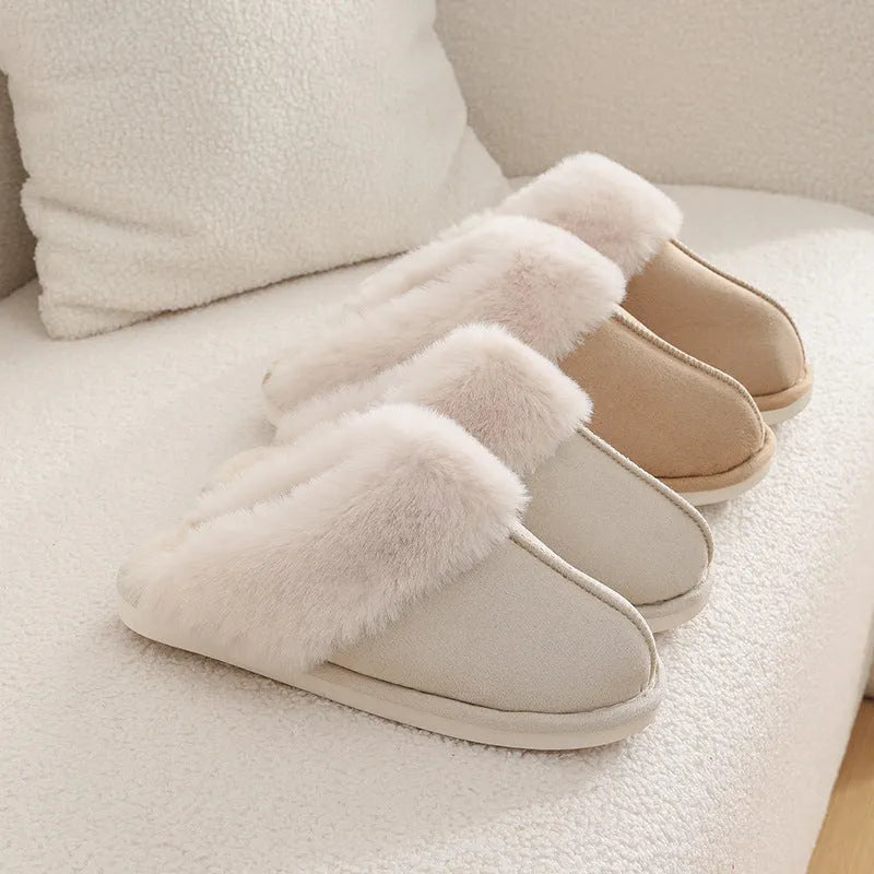 Women's plush indoor slippers with round toe, flat heel, and PVC sole in multiple colour options