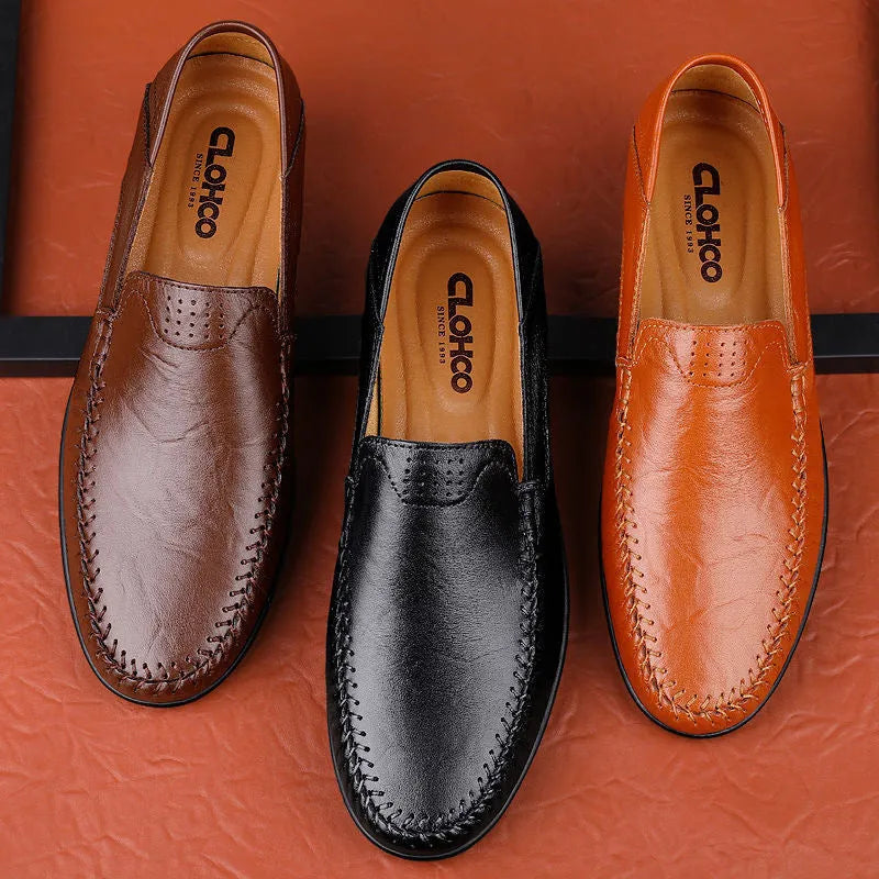Men's cowhide leather casual shoes in business style with round toe and rubber sole