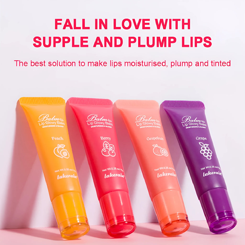 Women's lip gloss applicator in one of four fruit flavours: yellow peach, berry, grapefruit, or grape.