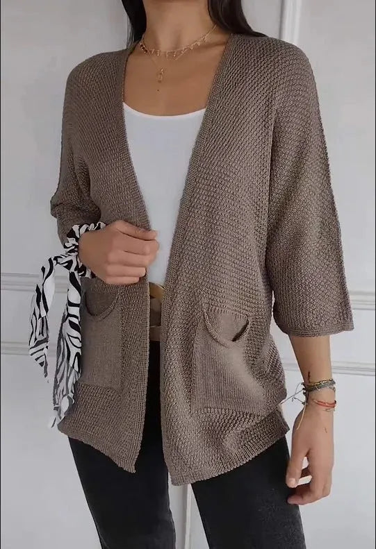 Women's waffle knit cardigan coat in army green with nine-quarter sleeves and pockets