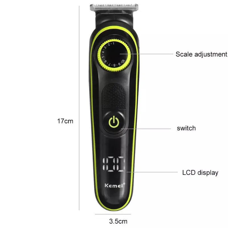 Black KM-696 rechargeable electric hair clipper set with stainless steel blades and accessories on a white background.