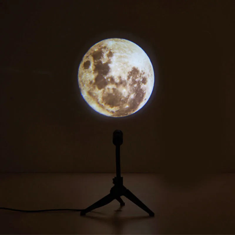 Earth and moon LED projector lamp on its adjustable hose bracket, showing USB cable.