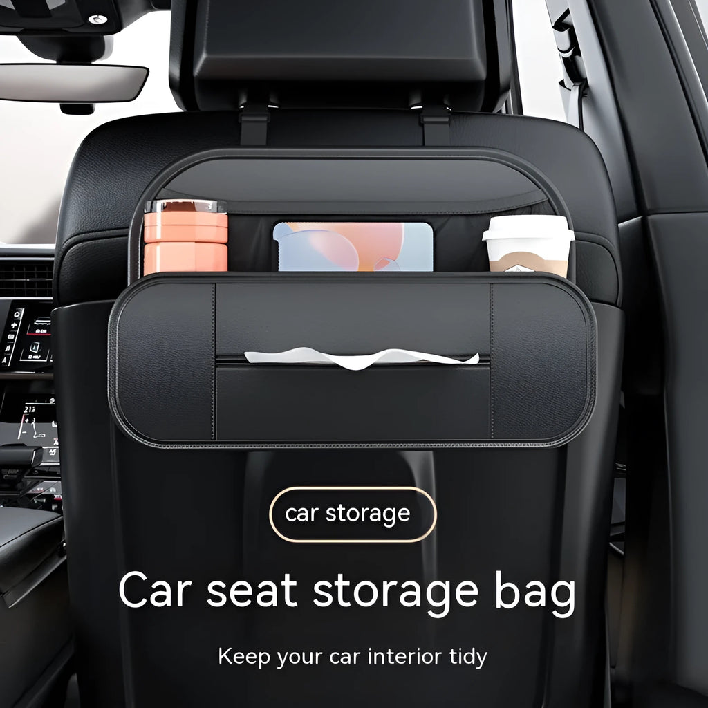 Black leather car seat rear storage bag organiser showing dimensions.