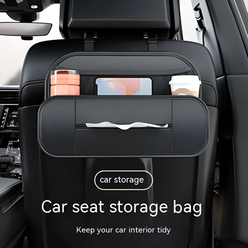 Black leather car seat rear storage bag organiser showing dimensions.