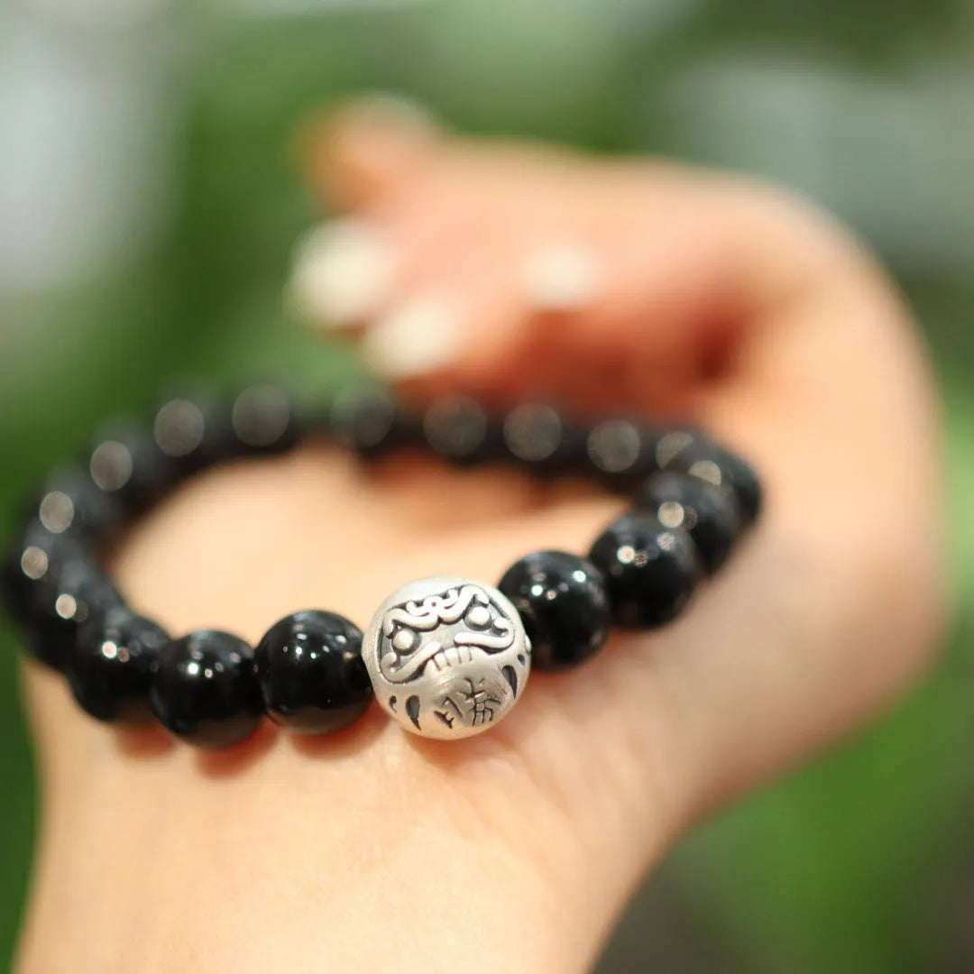 10mm black agate bracelet with sterling silver detailing in Chinese ethnic design style