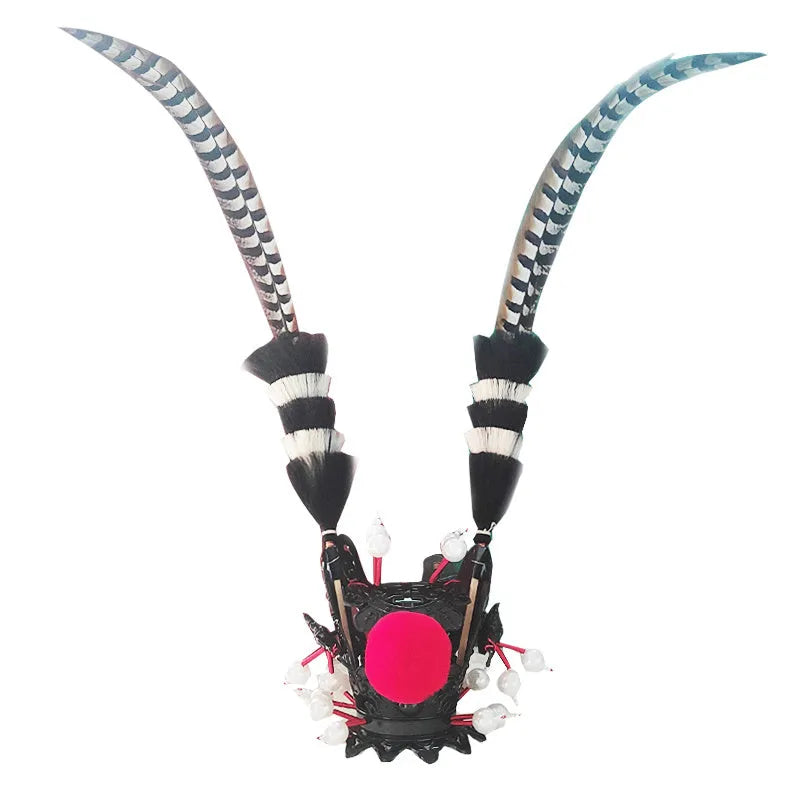 Motorcycle helmet decoration kit showing a crown ornament and a long feather for customisation.