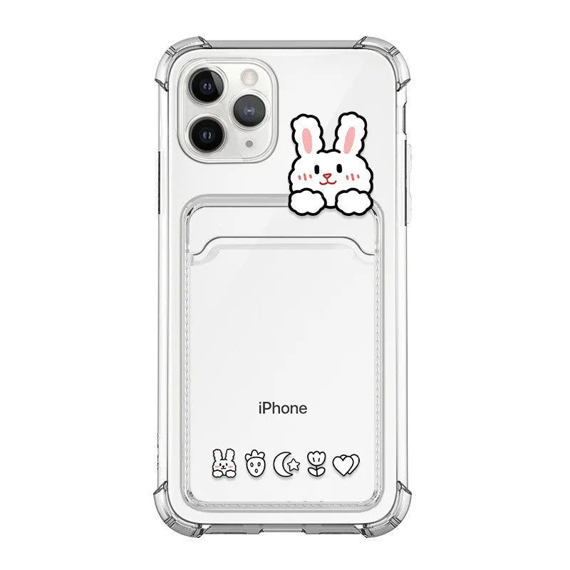 Transparent cartoon-themed iPhone case with a card slot, shown on an iPhone.