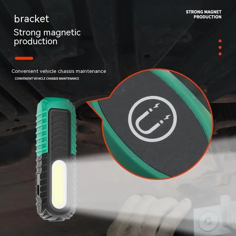 Black and green auto repair work light with USB charging port and 165mm length